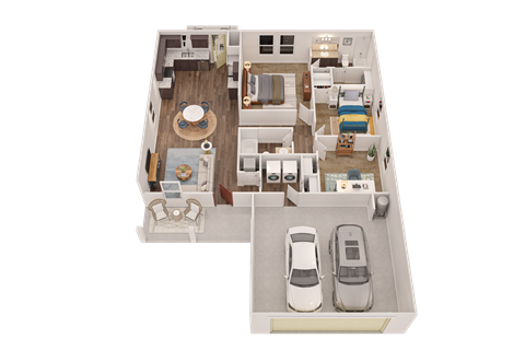 A 3D floor plan of a house with a living room, dining room, kitchen, and two bedrooms.